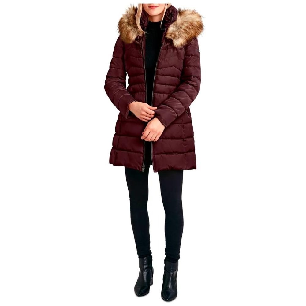 Laundry by Shelli Segal Puffer Coat Black Plum Mid-length With Faux Fur Med. NWT